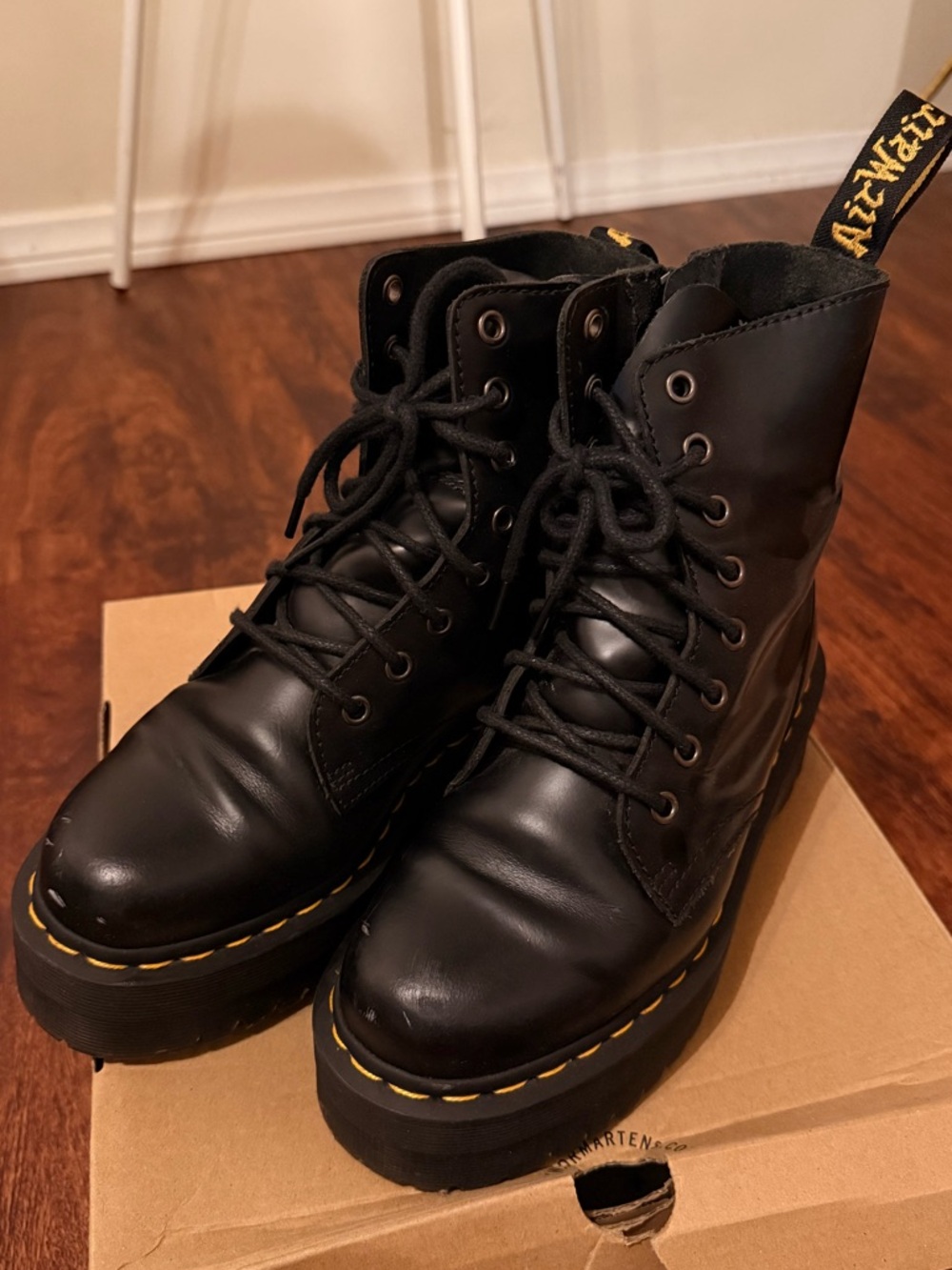 Dr. Martens Black Leather Platform Combat Boots with Yellow Stitching